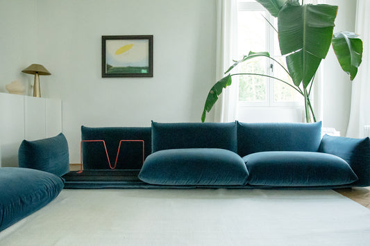 The Mario 'Marenco' extra large sofa 354 in blue velvet with pouf for Arflex