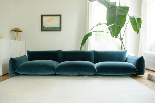 The Mario 'Marenco' extra large sofa 354 in blue velvet with pouf for Arflex