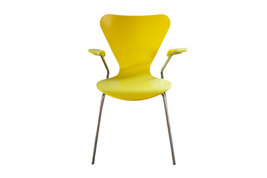 Six bright yellow Butterfly chairs in the style of Fritz Hansen