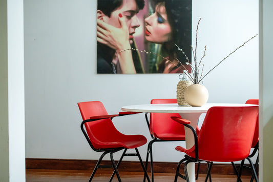 Set of four bright red chairs